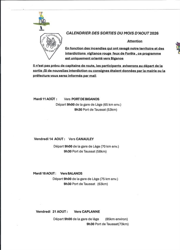SORTIES DU MOIS DE AOUT 2026